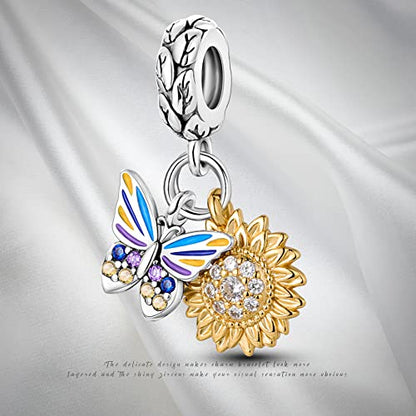 Pandach 925 Sterling Silver Charms for Bracelets and Necklaces Travel Round The World Beads Charms Relaxation Dangle Pendant,Jewelry Beads Gifts for Women - style: Butterfly Sunflower Charm