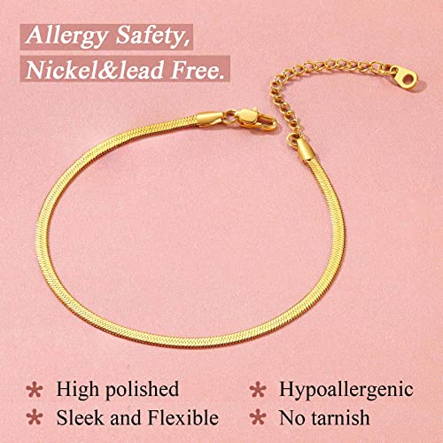 FindChic Elegant Herringbone Snake Chain Anklets/Bracelets 3MM/5MM Width Stainless Steel/18K Gold/Rose Gold Plated/Black 4 Color Options, 8.3'' 8.5'' 10.5'' Length, with Gift Box - color: A: 3mm 8.5'' anklet (Gold Plated)