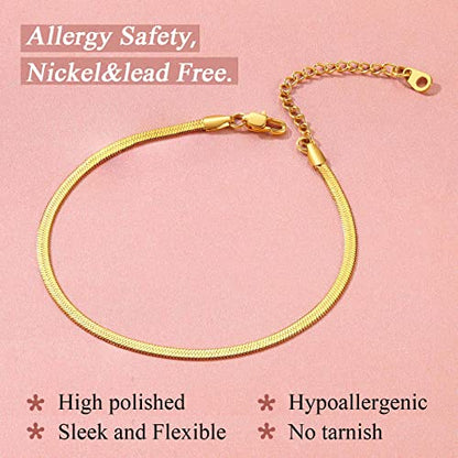 FindChic Elegant Herringbone Snake Chain Anklets/Bracelets 3MM/5MM Width Stainless Steel/18K Gold/Rose Gold Plated/Black 4 Color Options, 8.3'' 8.5'' 10.5'' Length, with Gift Box - color: A: 3mm 8.5'' anklet (Gold Plated)