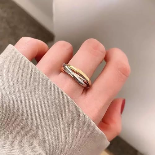 Interlocked Rolling Anxiety Fidget Ring for Women Men Stainless Steel Gold Siver Rose Triple Row Rolling Interlocking Statement Finger Rings Stress Relief Band Stacking Fashion Promise Jewelry - size: 7