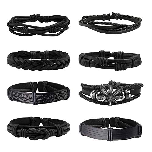 6-12PCS Braided Faux Leather Bracelet Punk Cuff Wrap Bracelets for Men Women Adjustable - color: G:8pcs