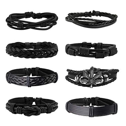 6-12PCS Braided Faux Leather Bracelet Punk Cuff Wrap Bracelets for Men Women Adjustable - color: G:8pcs