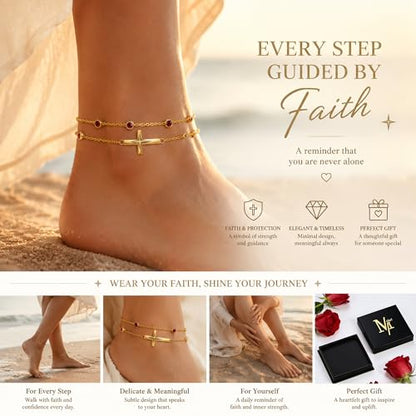Midari 18K Yellow Gold Gemstone Birthstone Anklet Bracelet Cross Jewelry with 12 Months Birthstone Birthday Gifts for Women Wife Her Daughter Mom - color: 01-Jan-Garnet, size: Anklet 9"-11"