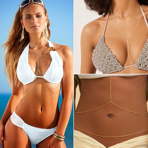 14K Gold Plated Body Chain for Women, Sexy Bra Bikini Belly Waist Chain Layered Gold Body Chains Summer Beach Jewelry for Women - style: Style 4