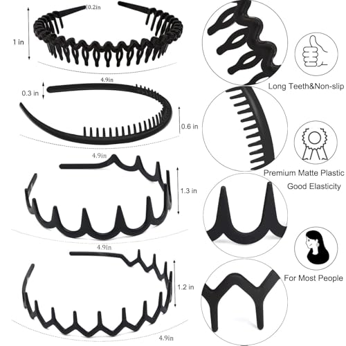 ULTIMUTE 8 PCS Fashion No Slip Effortless Plastic Headbands with Teeth Comb Black Skinny Hair Accessories Bands for Women Men Teen Girls, Matte Black - color: Matte Black