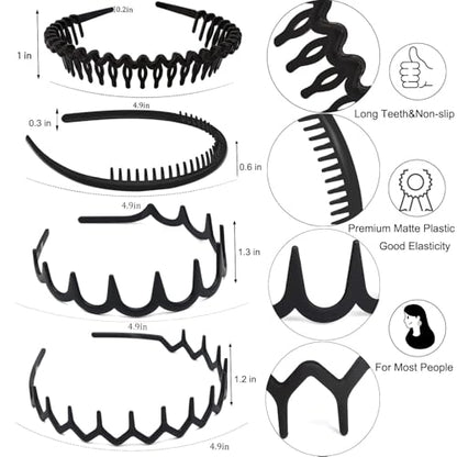ULTIMUTE 8 PCS Fashion No Slip Effortless Plastic Headbands with Teeth Comb Black Skinny Hair Accessories Bands for Women Men Teen Girls, Matte Black - color: Matte Black