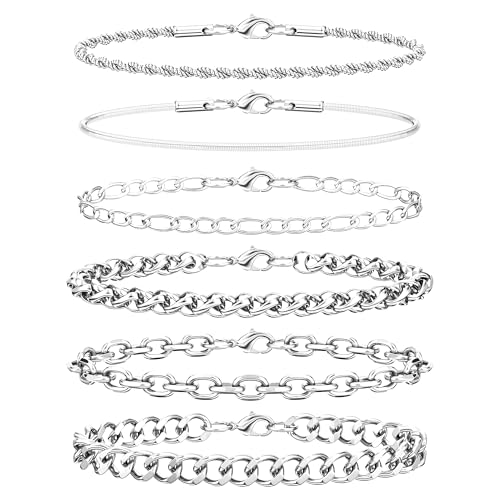 6PCS Stainless Steel Bracelets for Men Women, Silver Gold Black Cuban Link Rope Snake Wheat Chain Paperclip Figaro Jewelry Set, 7/8/9 Inches - color: Silver, size: 9 inches