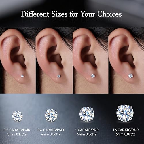 Limerencia Moissanite Internal Thread 18G Titanium Earrings, Hypoallergenic F136 Titanium Flat Back Piercing Studs, VVS1 Lab-created Moissanite Studs for Women Men Tragus Helix Cartilage Conch Labret - color: Silver, size: 6mm-1.6ct(0.8ct Each)