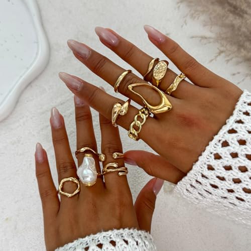 Chunky Gold Rings for Women Gold Baroque Pearl Rings Open Adjustable Pearl Ring Stacking Knuckles Rings Set Boho Prom Costume Fashion Jewelry for Women 2026 - style: Style1