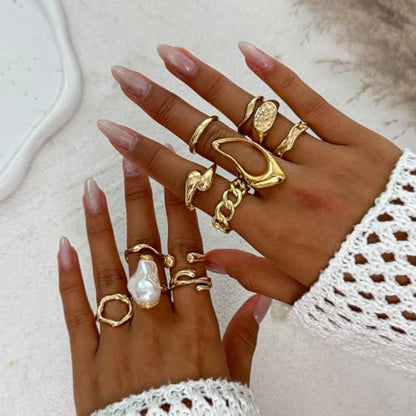 Chunky Gold Rings for Women Gold Baroque Pearl Rings Open Adjustable Pearl Ring Stacking Knuckles Rings Set Boho Prom Costume Fashion Jewelry for Women 2026 - style: Style1