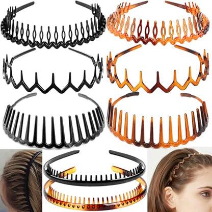 ULTIMUTE 8 PCS Fashion Effortless Plastic Headbands with Teeth Comb Black Skinny Headbands No Slip Hair Accessories Bands for Women Men Teen Girls, Amber&Bright Black - color: Amber&Bright Black