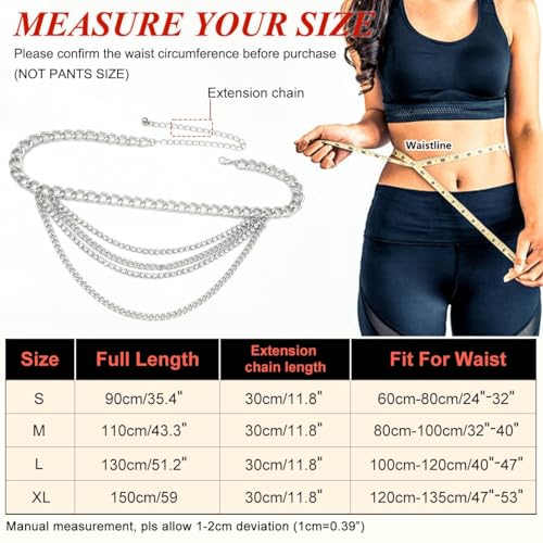 Suyi Multilayer Chain Belt Rhinestone Metal Chain Belts for Women Punk Gold Waist Chain - color: Silver, size: S: 90 CM