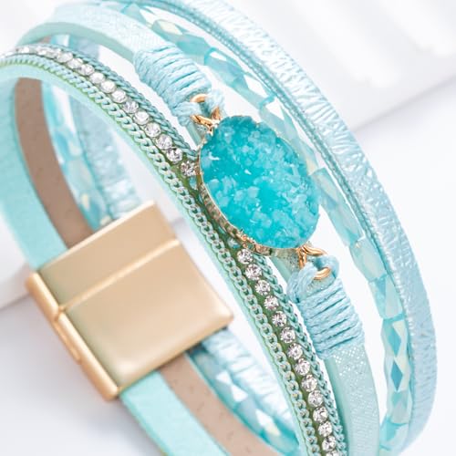 Boho Chunky Leather Wrap Bracelets Stackable Beaded Western Country Jewelry | Crystal Bead Trendy Layered Cuff Magnetic Clasp Stack Bohemian Statement Costume Outfits Cowgirl Fashion Hippie Accessories - color: Teal, size: 7.7"