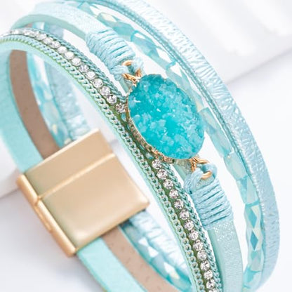 Boho Chunky Leather Wrap Bracelets Stackable Beaded Western Country Jewelry | Crystal Bead Trendy Layered Cuff Magnetic Clasp Stack Bohemian Statement Costume Outfits Cowgirl Fashion Hippie Accessories - color: Teal, size: 7.7"
