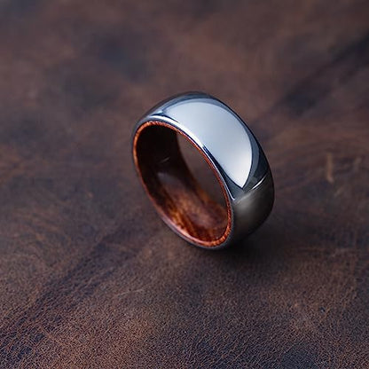 8mm Tungsten Carbide Genuine Natural Koa Wood Inner Inlay Ring Black/Gold/Silver/Rose Gold Wedding Band Hammered Textured Flat Style Comfort Fit Gift Box Included - color: Mirror Finish Silver Turngsten