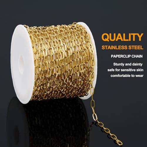 KYUNHOO 16.4FT Paperclip Chain Roll Gold Plated Jewelry Making Chains Bulk | 304 Stainless Steel Chain Spool 2.5mm Paper Clip Jewelry Links with Lobster Clasps Jewelry Supplies for Crafting - color: Paperclip Gold