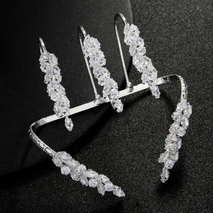 Elegant Leaves Open Palm Bracelet Adjustable Wedding Three Finger Ring Cuff Cubic Zircon Hand Bangle for Women Silver
