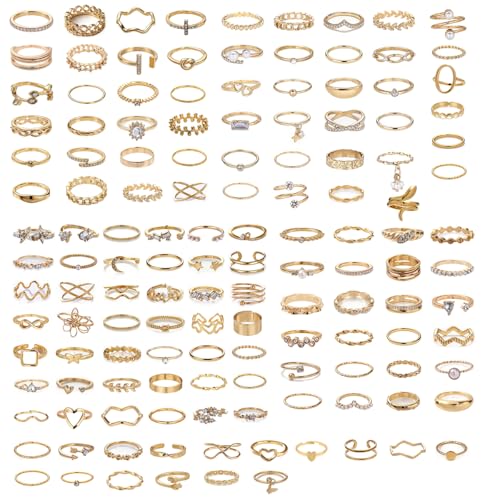 42-Piece Gold Tone Stackable Ring Set for Women, Boho Minimalist Stacking Rings with Crystal & Heart Accents, Adjustable Open Band Jewelry for Daily Wear - style: ZH00101