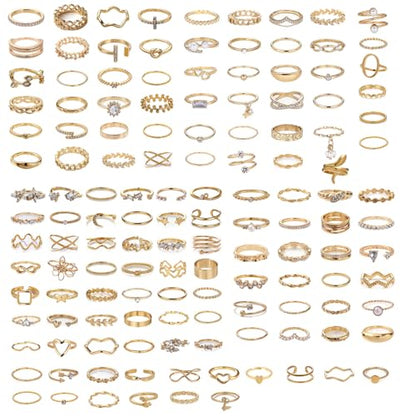 42-Piece Gold Tone Stackable Ring Set for Women, Boho Minimalist Stacking Rings with Crystal & Heart Accents, Adjustable Open Band Jewelry for Daily Wear - style: ZH00101