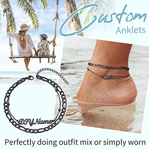 ChainsHouse Double Layer Anklet Bracelet for Women,Adjustable Chain Anklets Stackable Dainty Anklets,Stainless Steel/Gold Plated/Black Ankle Jewelry Gifts - color: C-Black-Figaro Chain