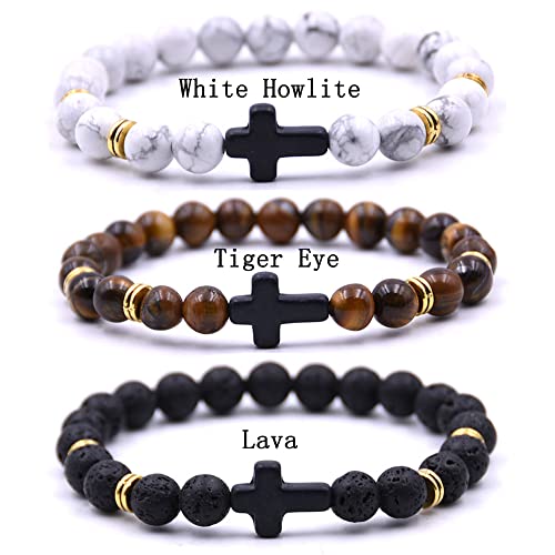 Beaded Bracelets Cross Bracelet for Women Men Lava Rock Turquoise Tiger Eye Natural Bracelet Anxiety Healing - color: 3Pcs-black cross