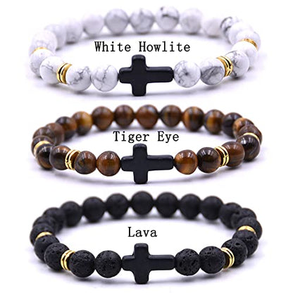 Beaded Bracelets Cross Bracelet for Women Men Lava Rock Turquoise Tiger Eye Natural Bracelet Anxiety Healing - color: 3Pcs-black cross