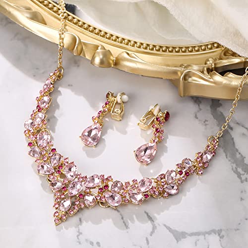 Wedding Statement Necklace Clip-on Earrings Jewelry Set | Sparkling Austrian Crystal Teardrop Cluster for Party Prom Accessories - color: 11-Pink Gold-Tone
