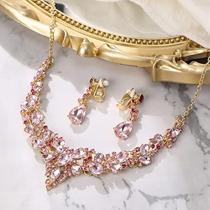 Wedding Statement Necklace Clip-on Earrings Jewelry Set | Sparkling Austrian Crystal Teardrop Cluster for Party Prom Accessories - color: 11-Pink Gold-Tone