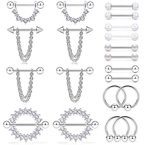Ruifan Surgical Steel Nipple Shield Rings Tongue Barbell Piercing Jewelry Retainer 14G 5/8Inch Chain Dangle Clear CZ For Women Men 2-20PCS - color: 20PCS - Silver