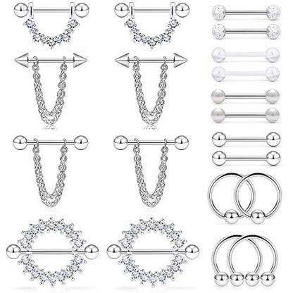 Ruifan Surgical Steel Nipple Shield Rings Tongue Barbell Piercing Jewelry Retainer 14G 5/8Inch Chain Dangle Clear CZ For Women Men 2-20PCS - color: 20PCS - Silver