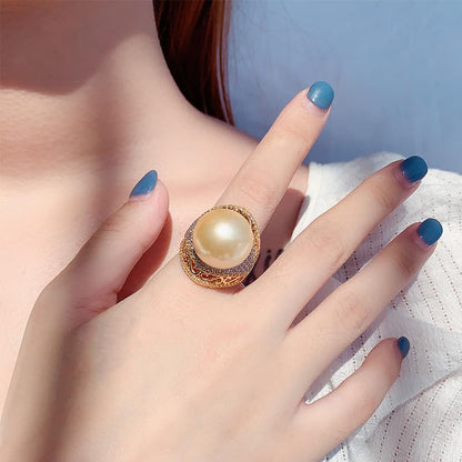 Large Cream South Sea Faux Pearl Statement Ring Hollow Scroll Micro Pave Crystal Adjustable Open Band For Women Formal Cocktail Jewelry