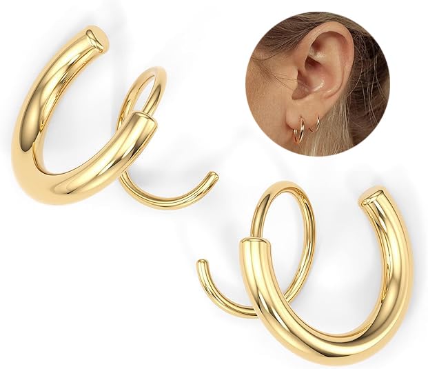 Spiral Hoop Twist Double Earrings - 14K Helix Spiral Earrings, Double Piercing Earrings, Faux Double Hoop Earrings, Tiny Twist Earrings for Women - color: Zircon Gold