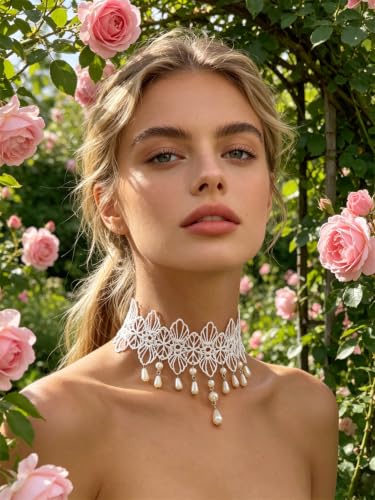 Lace Choker Necklace for Women Gothic Pearl Pendant Necklace Halloween Cosplay Jewelry - color: Pearl Tassel