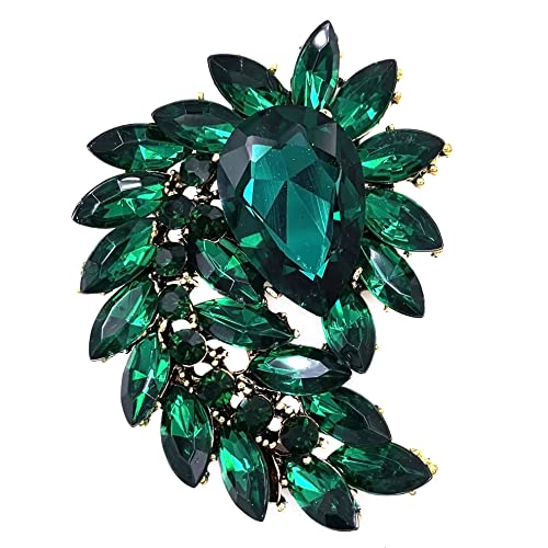 SELOVO Marquise Shape Rhinestone Red Leaf Costume Brooch Pin Jewelry Antiqued Gold Tone - color: Green