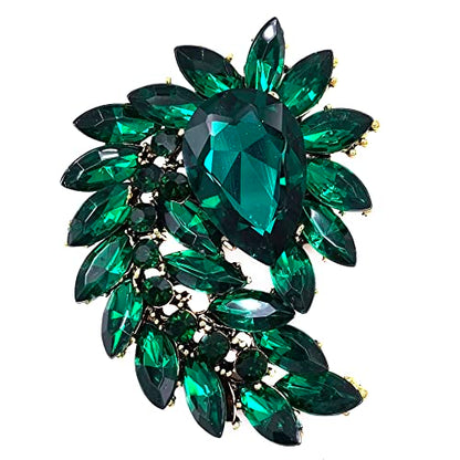 SELOVO Marquise Shape Rhinestone Red Leaf Costume Brooch Pin Jewelry Antiqued Gold Tone - color: Green