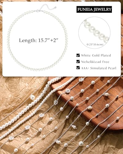 FUNEIA Dainty Pearl Necklace for Women 14K Gold Plated Faux Pearl Choker Necklaces Trendy White Silver Small Pearl Necklace Strand Wedding Prom Bridal Pearls Jewelry 14/16/18/20 Inches - color: B-6mm Pearl Necklace-Silver