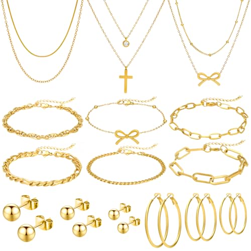 NEWITIN 61 Pieces Rose Gold Jewelry Set for Women Fashion Costume Jewelry | Bohemian Jewelry, Inlaid Cubic Zirconia, Gold Plated Necklace Bracelets Rings Earrings Set for Women Party Daily, Women Gifts - color: Yellow