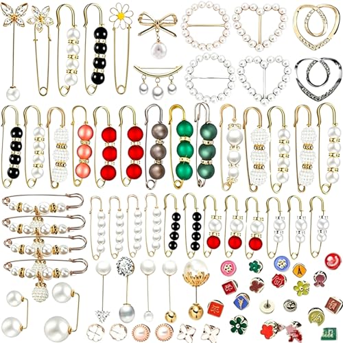 76 Pieces Pearl Brooch Pins Set, Scarf Ring Clips and Sweater Shawl Safety Pins and with Cover up Buttons Pins for Women T-Shirt Dress
