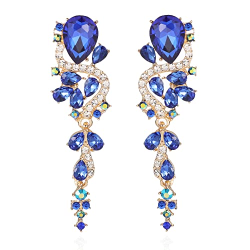 Fashion Rhinestone Statement Drop Dangle Earrings Long Colorful Crystal Bridal Wedding Teardrop Chandelier Earrings for Women Prom Pageant - color: Royal Blue