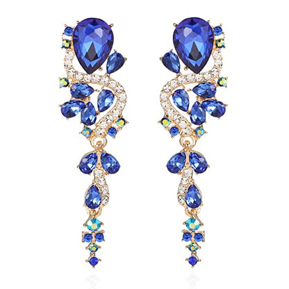 Fashion Rhinestone Statement Drop Dangle Earrings Long Colorful Crystal Bridal Wedding Teardrop Chandelier Earrings for Women Prom Pageant - color: Royal Blue