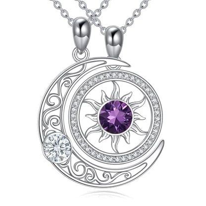 Couples Necklace for 2 Sun and Moon Pendant Matching Jewelry Anniversary Birthday Gifts for Couples BFF - color: April&February