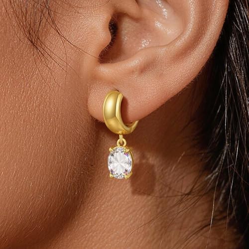 Gold Huggie Dangle Earrings for Women Chunky Hoop Huggies Cubic Zirconia Drop Earring Diamond Crystal Charm Statement Teardrop Earrings Jewelry Gifts - color: Gold-Oval