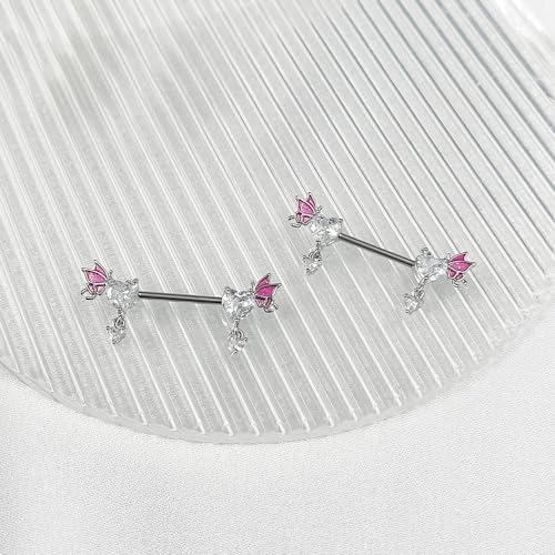 Pink Heart Nipple Rings for Women 14G 16mm Surgical Steel CZ Rhinestone Butterfly Dangling Nipple Shield Studs Body Piercing Jewelry Gifts - color: White