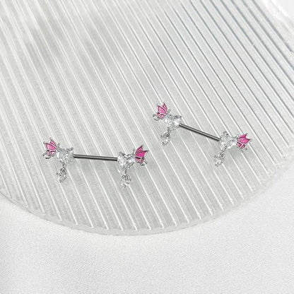 Pink Heart Nipple Rings for Women 14G 16mm Surgical Steel CZ Rhinestone Butterfly Dangling Nipple Shield Studs Body Piercing Jewelry Gifts - color: White