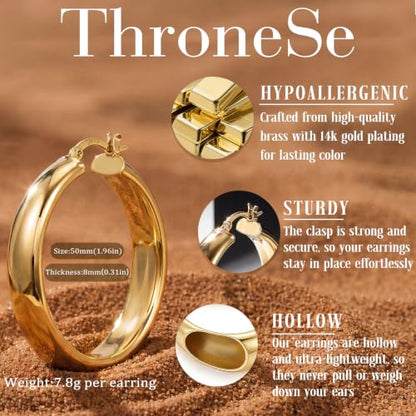 8mm Wide Gold Hoop Earrings for Women Hypoallergenic 925 Sterling Silver post Lightweight Large 14k Chunky Gold Hoop Earrings for Women 20/30/40/50/60mm - color: Gold 50mm