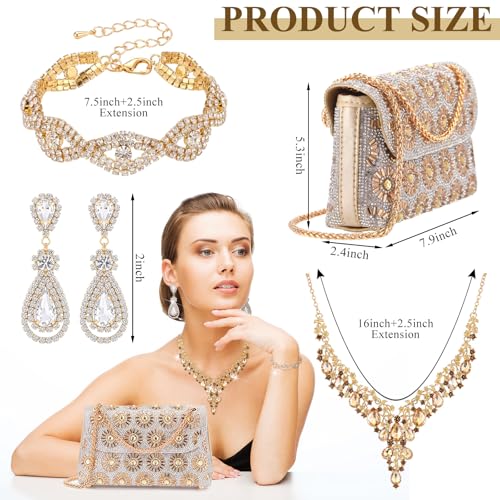 Quelay 4 Pcs Purse Rhinestone Jewelry Set Women | Wedding Bridal Prom Jewelry Sparkly Clutch Handbag with Necklace Bracelet Dangle Earrings Shiny Costume Kit - color: Champagne, style: Sparkly
