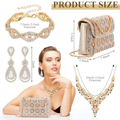 Quelay 4 Pcs Purse Rhinestone Jewelry Set Women | Wedding Bridal Prom Jewelry Sparkly Clutch Handbag with Necklace Bracelet Dangle Earrings Shiny Costume Kit - color: Champagne, style: Sparkly