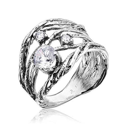 JEAN RACHEL JEWELRY 925 Sterling Silver Ring - Openwork Vintage Design with Prong Set Cubic Zirconia - Hypoallergenic, Lead & Nickel Free Jewelry - Artisan Handcrafted Statement Rings for Women