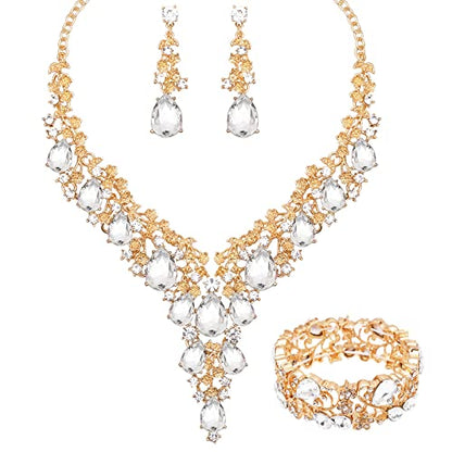 CSY Elegant Crystal Costume Jewelry Sets Flower Bridal Necklace Earrings Stretch Bangle Set for Bride Bridesmaid Wedding Dress Accessories - color: white crystal-gold tone