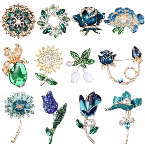 12 Pcs Women Brooches Bulk Vintage Rhinestone Pin Set - style: Flower